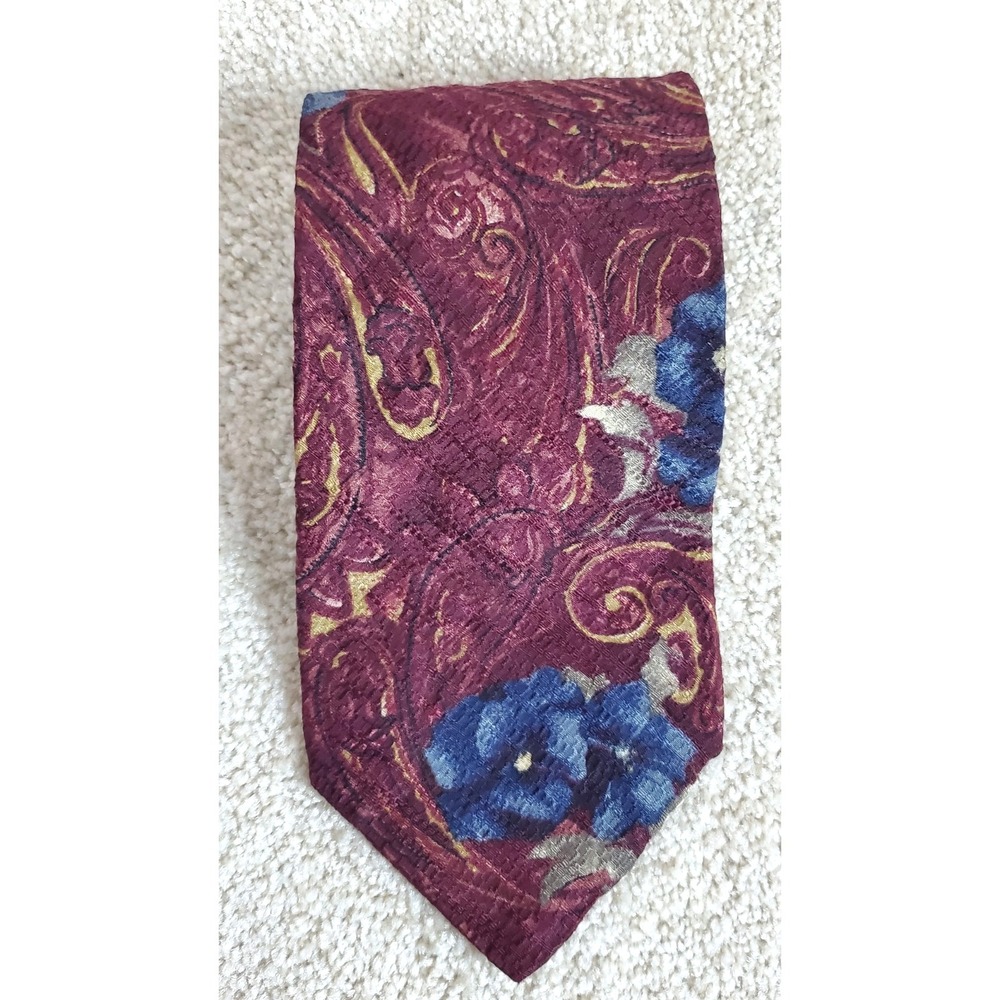 Villa Bugatti Men's Neck Tie Burgundy With Blue‎ Flowers 100% Silk 58.5"